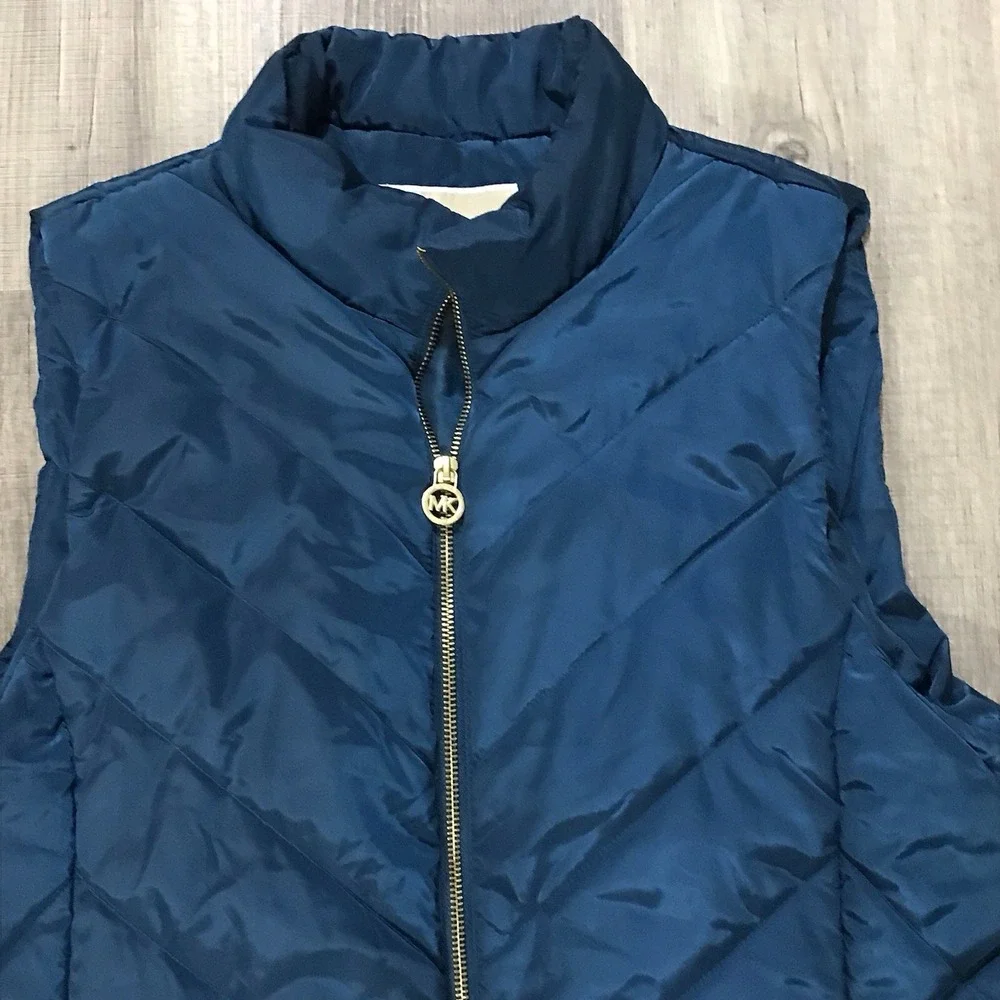 Michael Kors Women's Quilted Puffer X-Large Vest Teal Blue MK Logo Zip Up Jacket